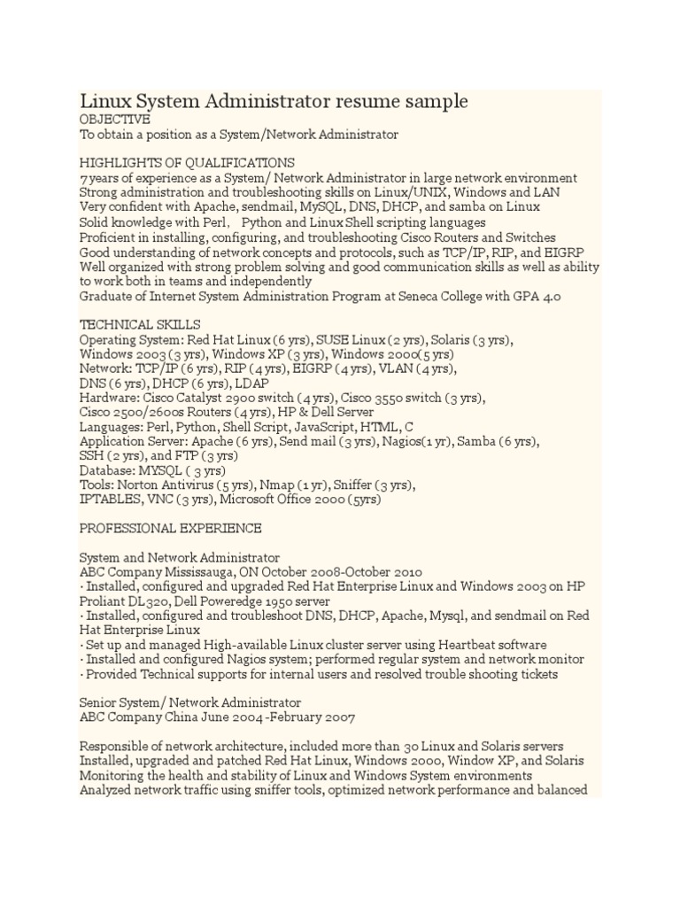 resume Linux Administrator Resume linux system administrator resume sample administrator