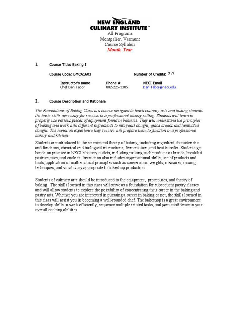 Baking I Course Syllabus Proposed Final PDF Dough Baking