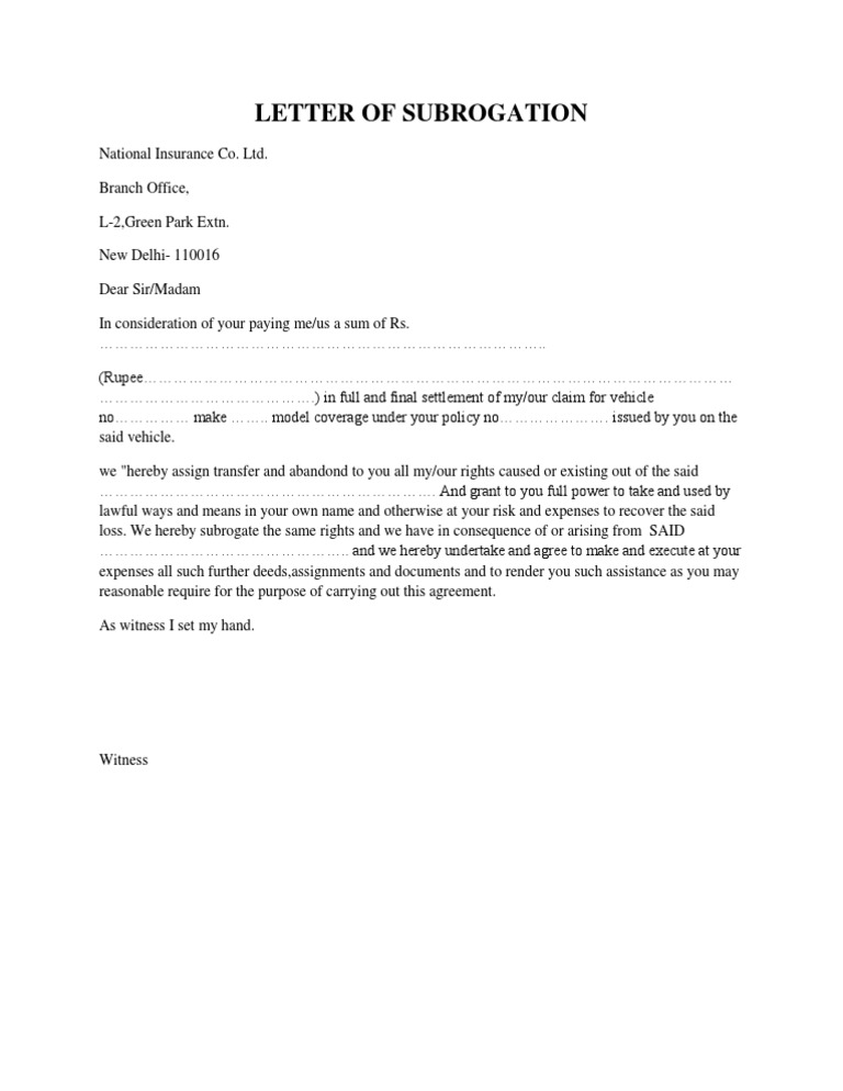 Letter of Subrogation