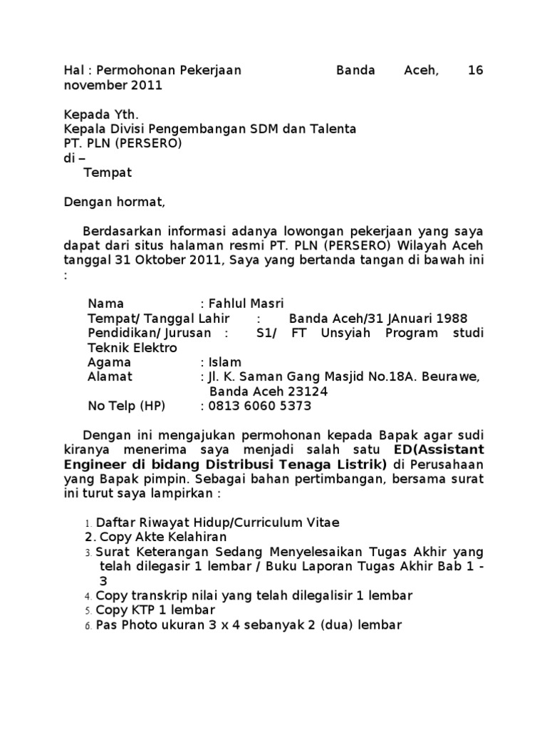 Contoh Surat Lamaran Kerja Di Pt Pln Persero - Info ...