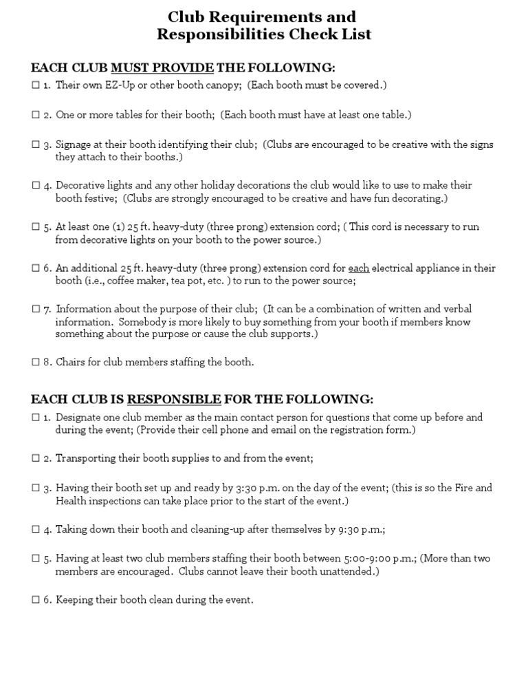 Club Booth Setup Requirements Checklist | PDF
