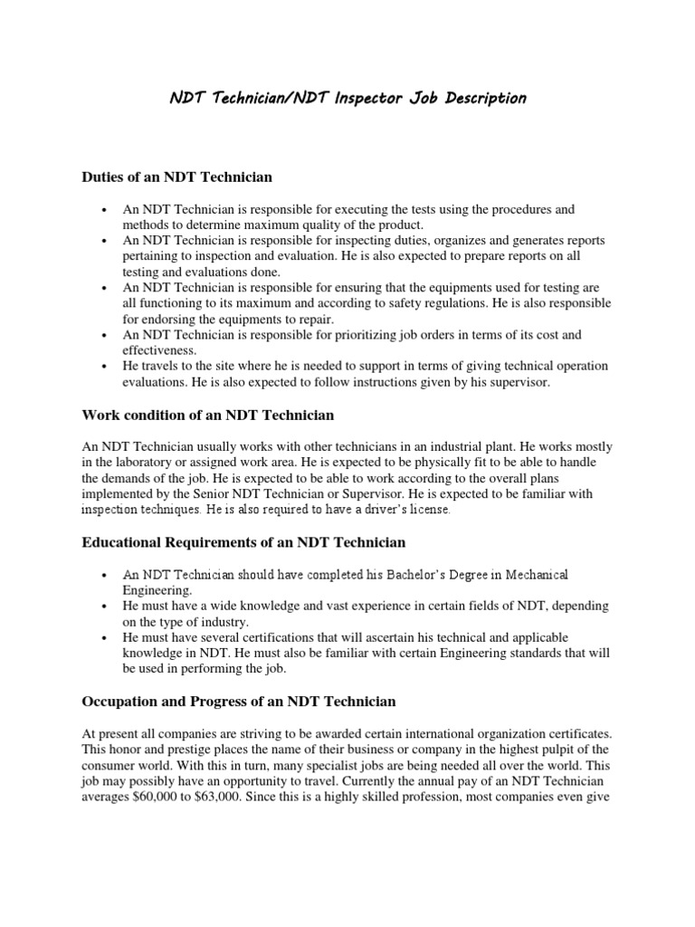 NDT Technician Job Description Nondestructive Testing Occupational