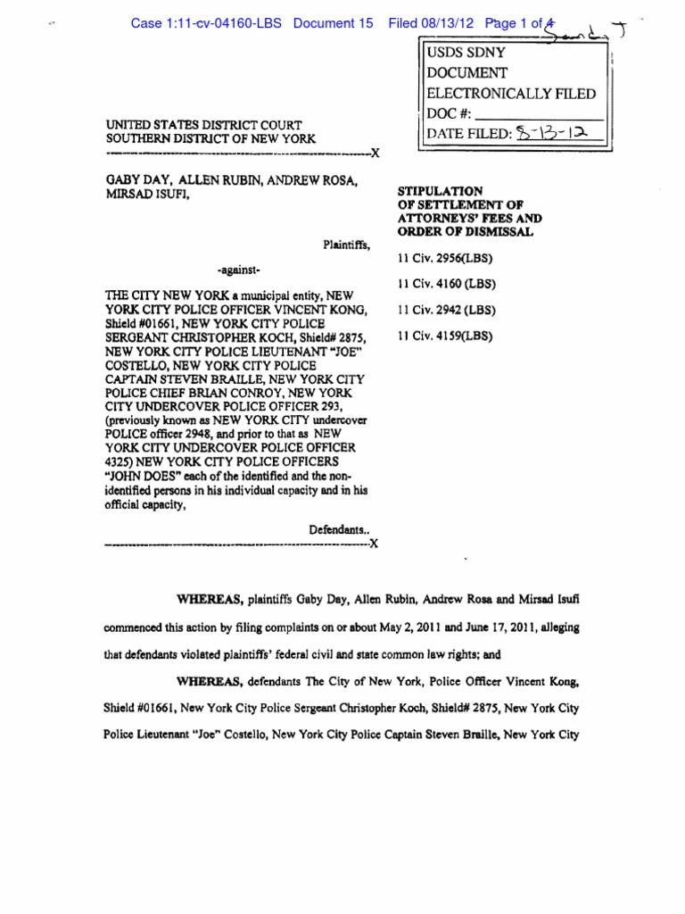 Stipulation of Settlment of Legal Fees in Civil Rights Suit Against NYPD PDF New York City