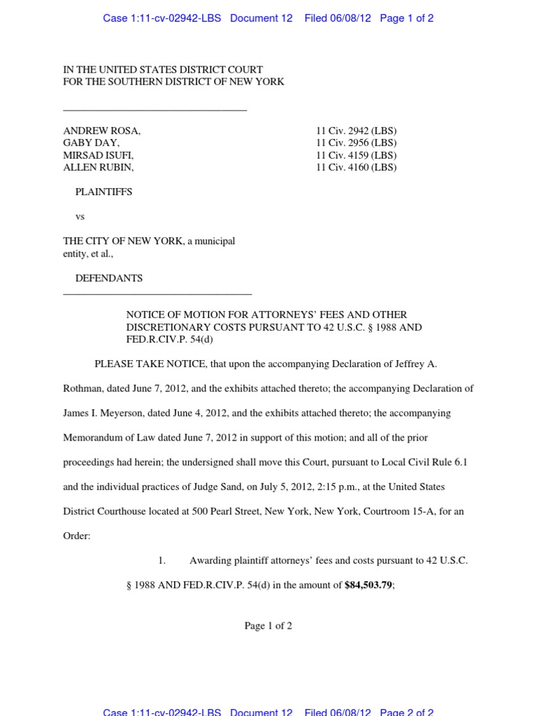 Motion For Attorney Fees in Civil Rights Suit Against NYPD PDF