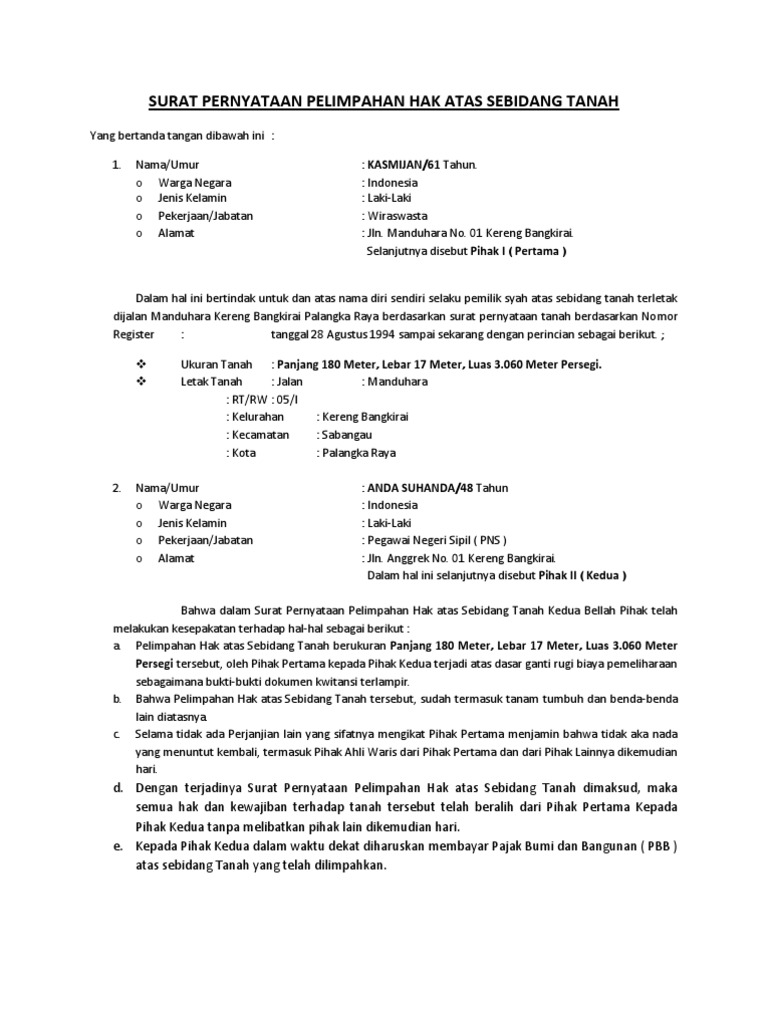 Contoh Surat Ahli Waris Sebidang Tanah Gudang Surat