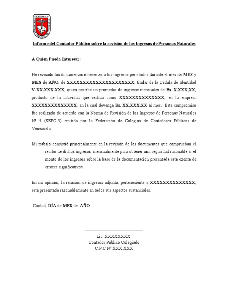 Modelo de Informe de Certificación de Ingresos