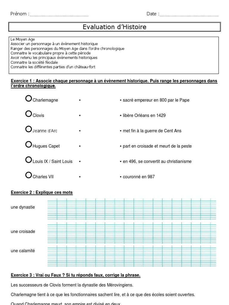 Exercices Histoire Cm1 à Imprimer Evaluation Moyen Age CM1 | PDF