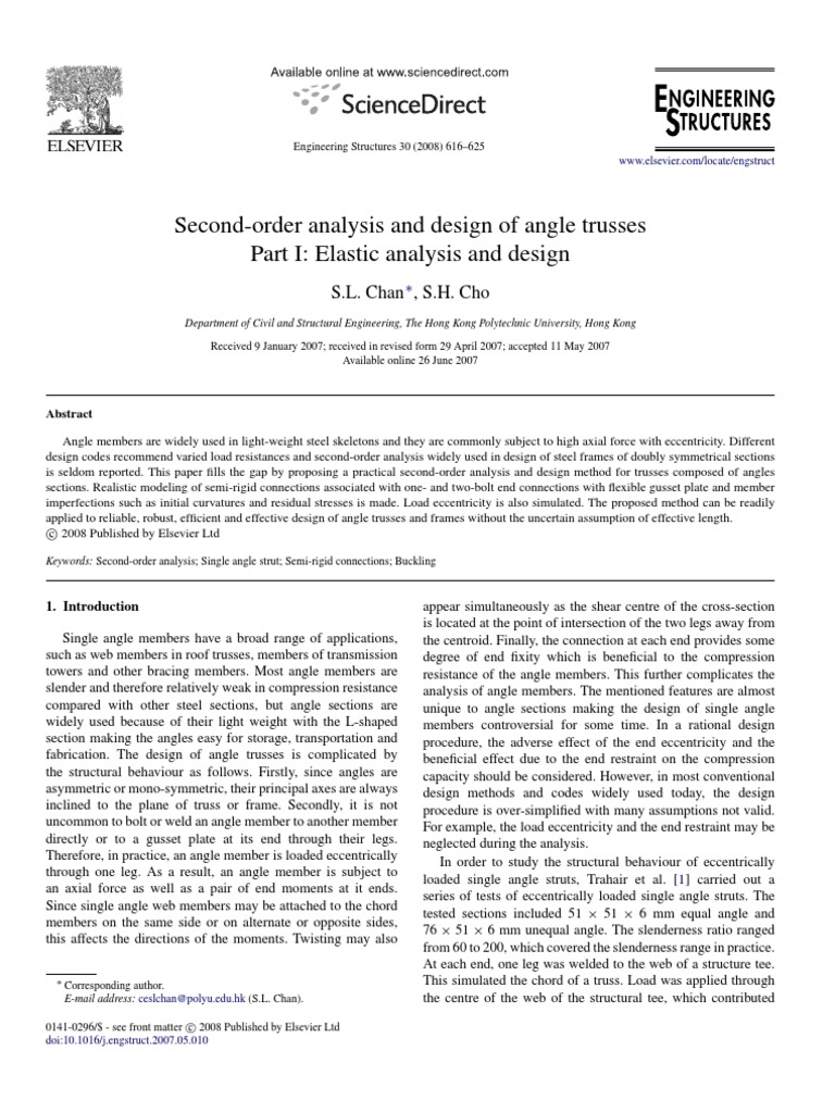 Chan 2007 Second Order Analysis and Design of Angle Trusses Part 1 ...