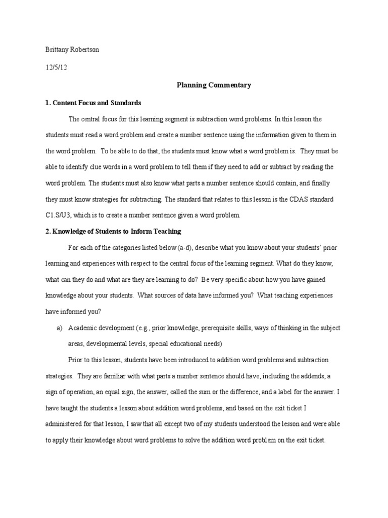 Robertson Planning Commentary | PDF | Educational Assessment | Language ...