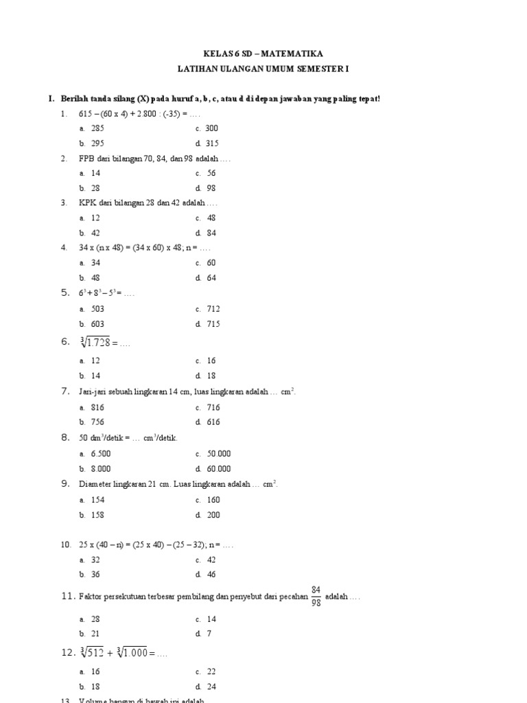 Soal Latihan Matematika SD kelas 6