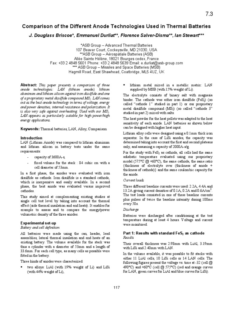 Anode Technology Comparison in Thermal Batteries | PDF | Cathode ...