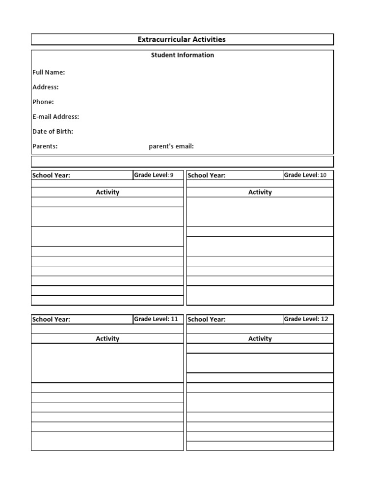 High School Extracurricular Activities Template