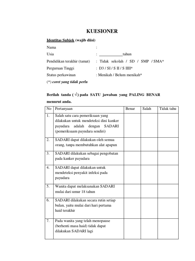 contoh kuisioner SADARI