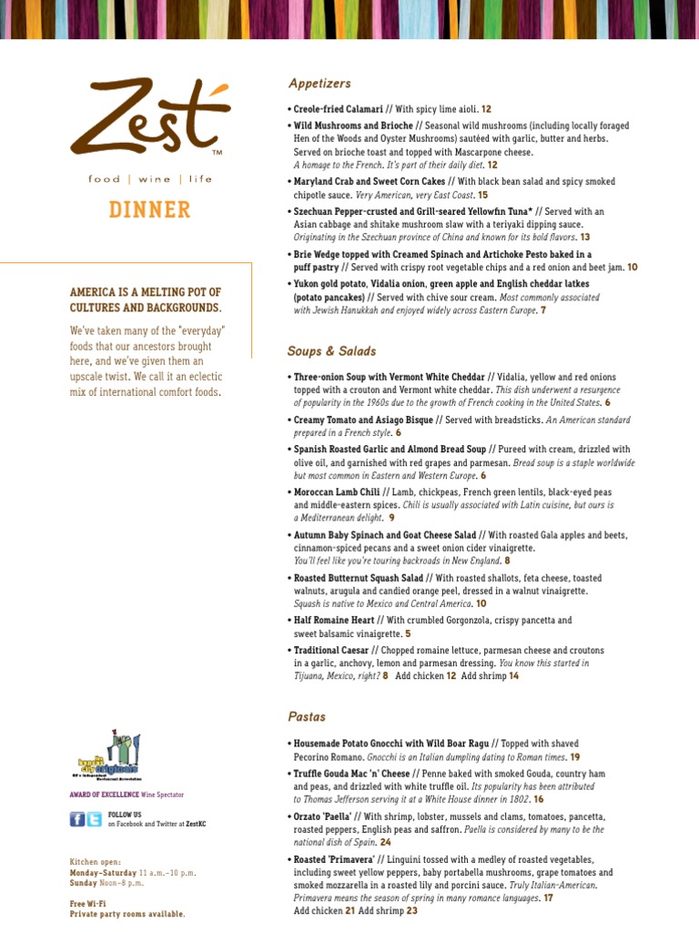 Zest Dinner Menu Download Free PDF Salad Vinaigrette