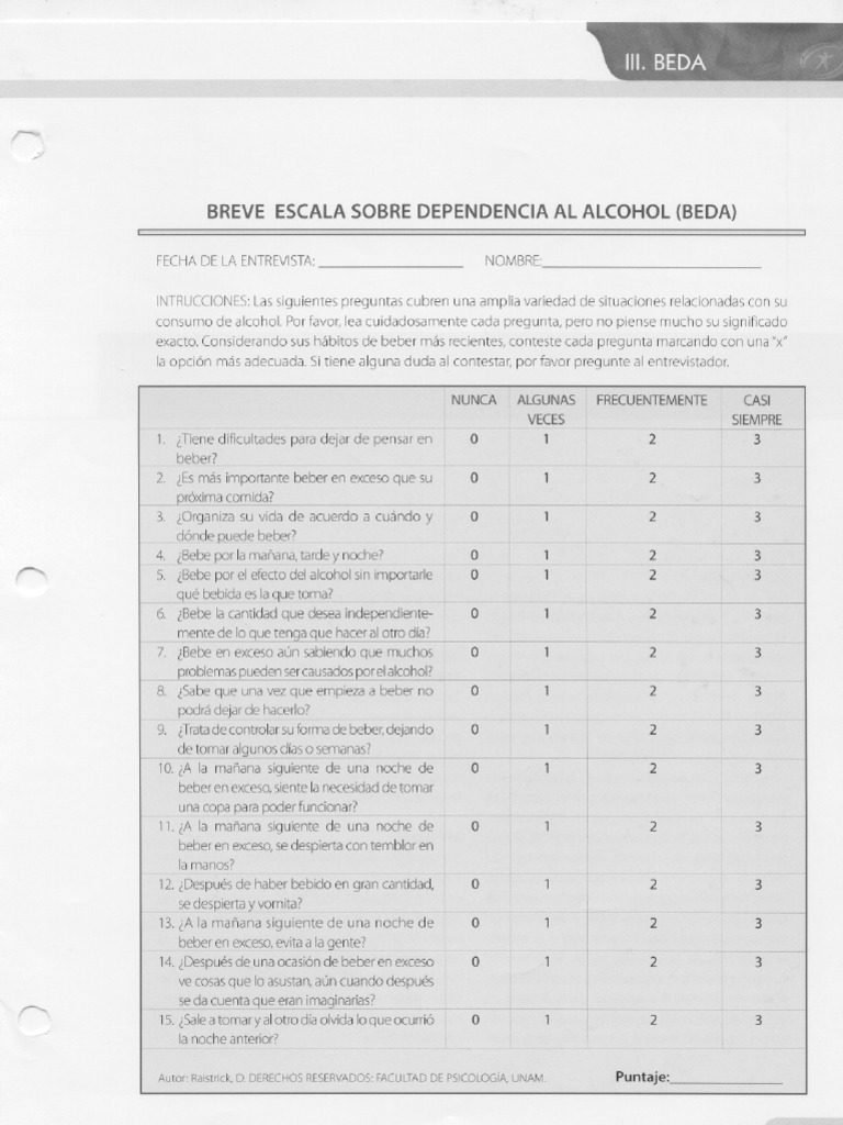 Cuestionario BEDA sobre alcoholismo | PDF