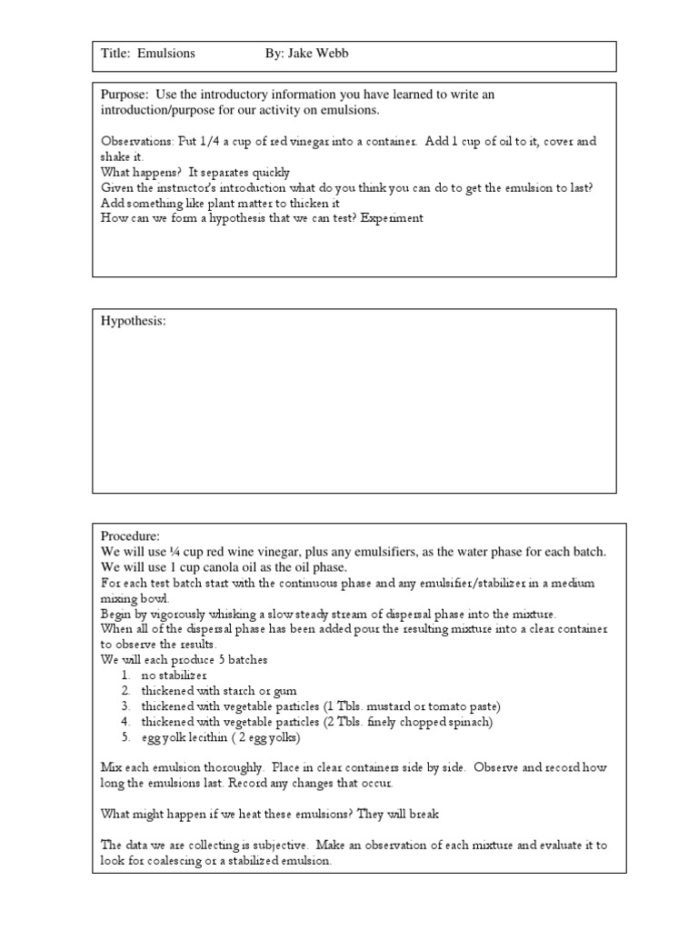 Emulsions Lab PDF Emulsion Physical Chemistry