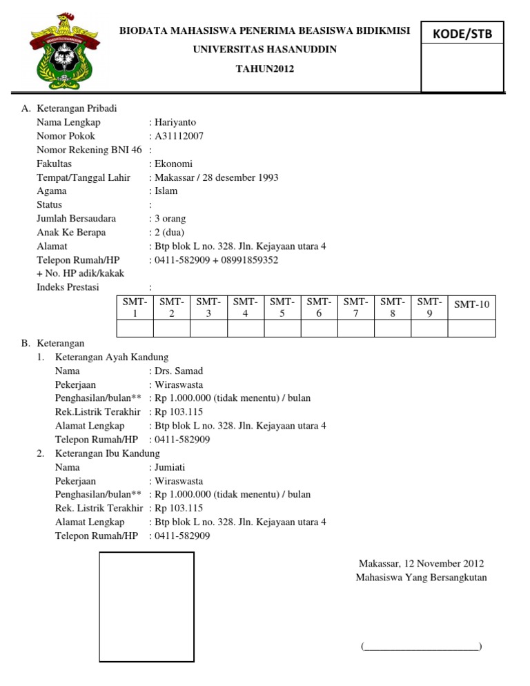 Biodata Mahasiswa Penerima Beasiswa Bidikmisi