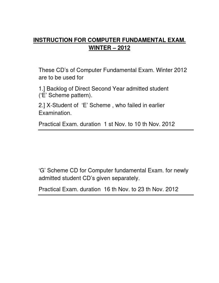 Instruction For Computer Fundamental Exam. WINTER 2012 PDF