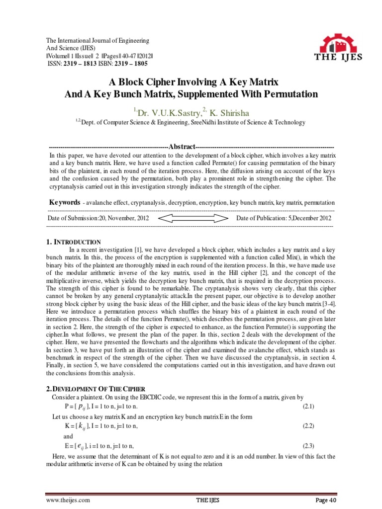 Advanced Block Cipher with Key Matrices | PDF