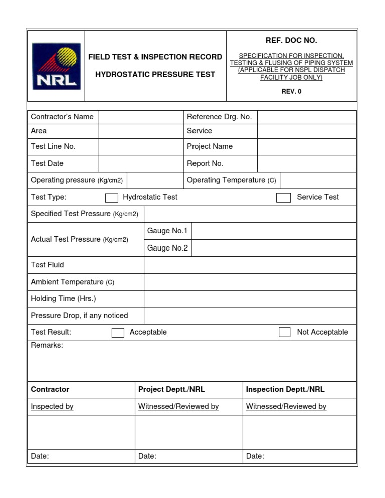 Hydrostatic Pressure Test Report Form | PDF | Computers | Technology ...