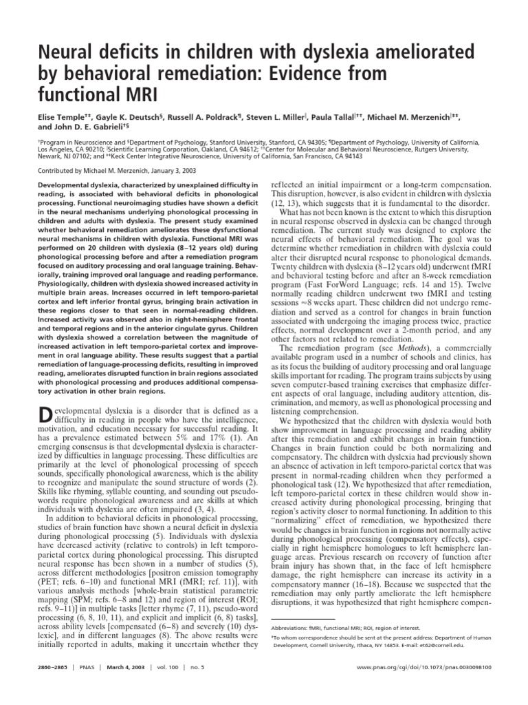 Neural Deficits in Children With Dyslexia Ameliorated by Behavioral ...