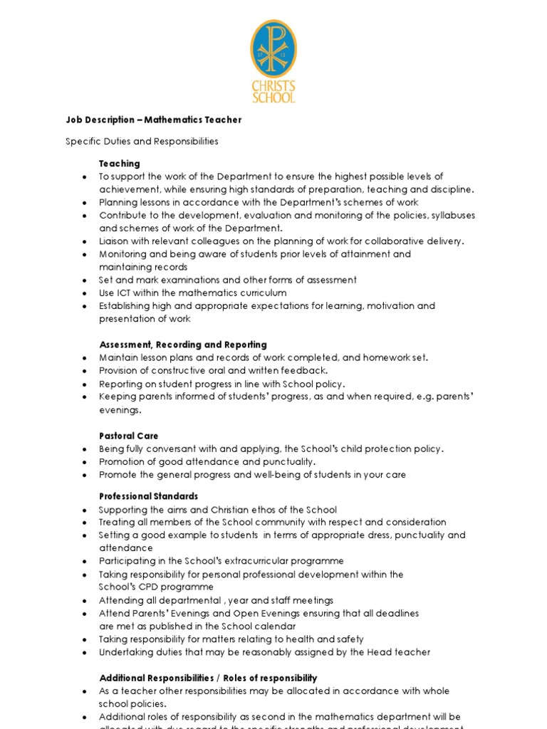Mathematics Teacher Job Description | PDF | Schools | Students