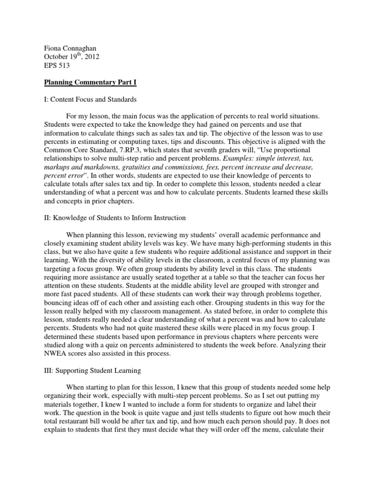 Planning Commentary Part I Pdf Educational Assessment Reading