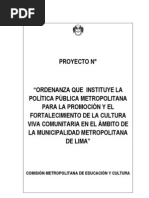 Download Proyecto Ordenanza para la Cultura Viva Comunitaria de Lima Metropolitana by Cultura Viva Lima SN116716874 doc pdf
