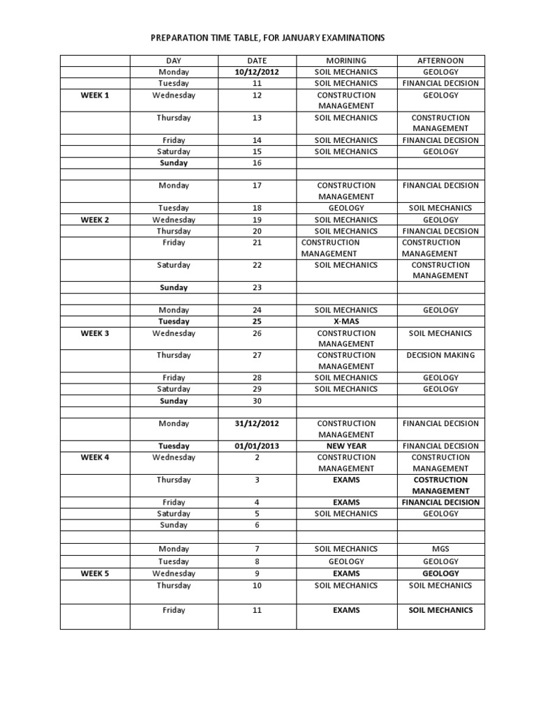 VT21 January Exam Schedule | PDF