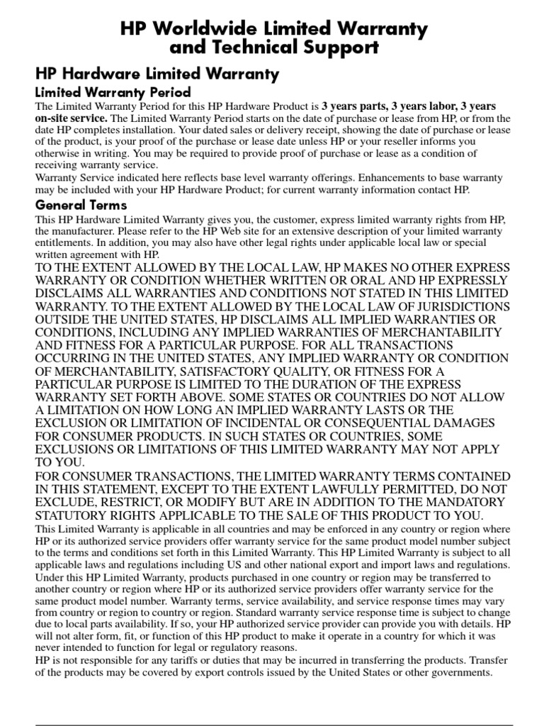 HP Worldwide Limited Warranty and Technical Support PDF Implied