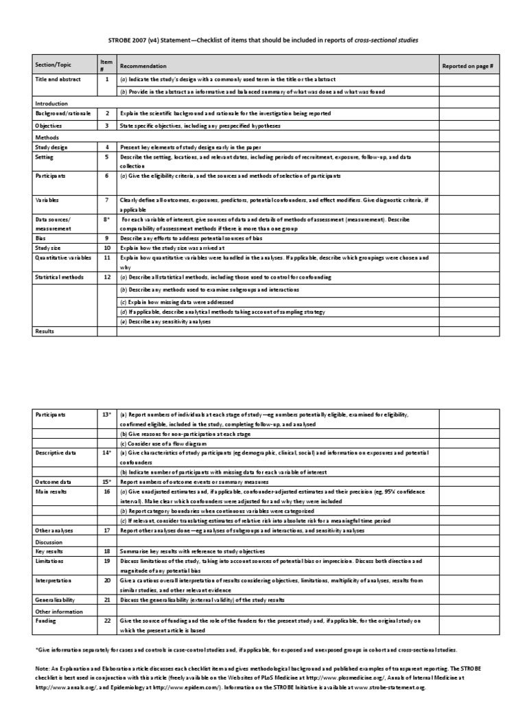 STROBE Checklist for Cross-Sectional Studies | PDF | Confounding ...