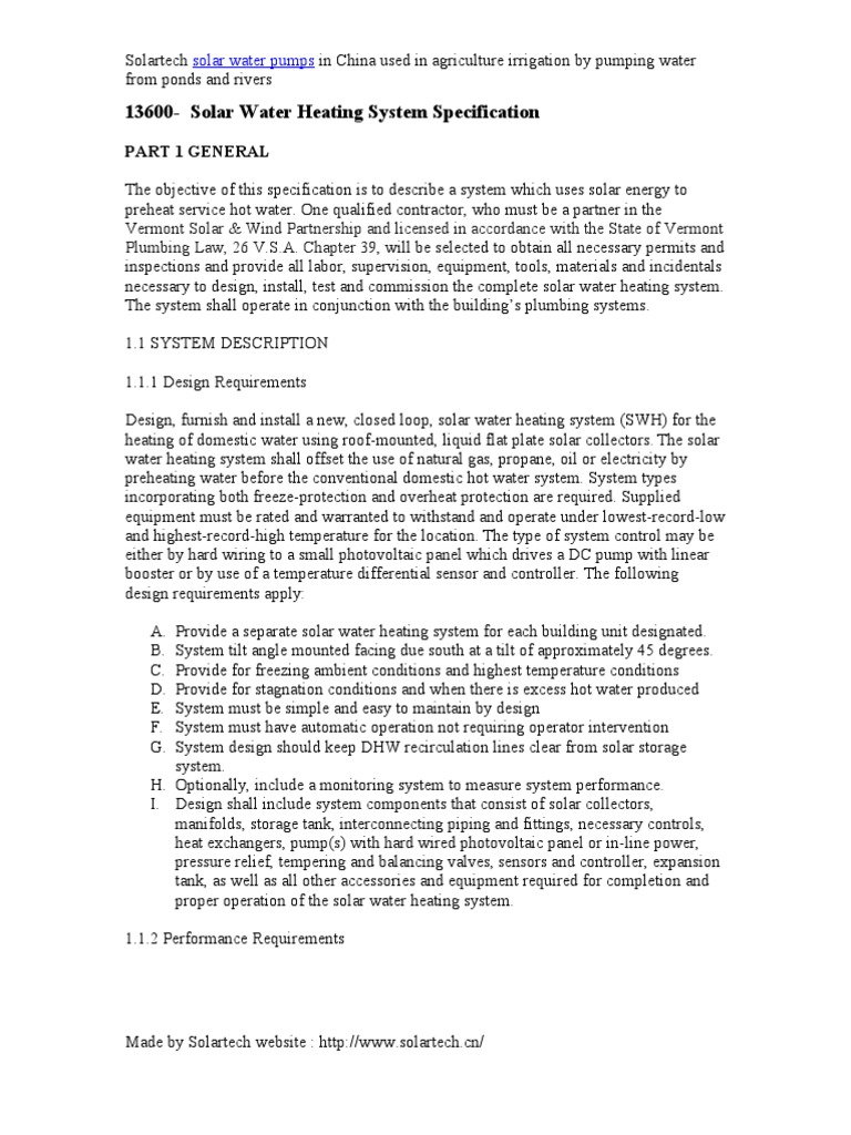Solar Water Heating System Specifications | PDF | Water Heating | Pipe ...