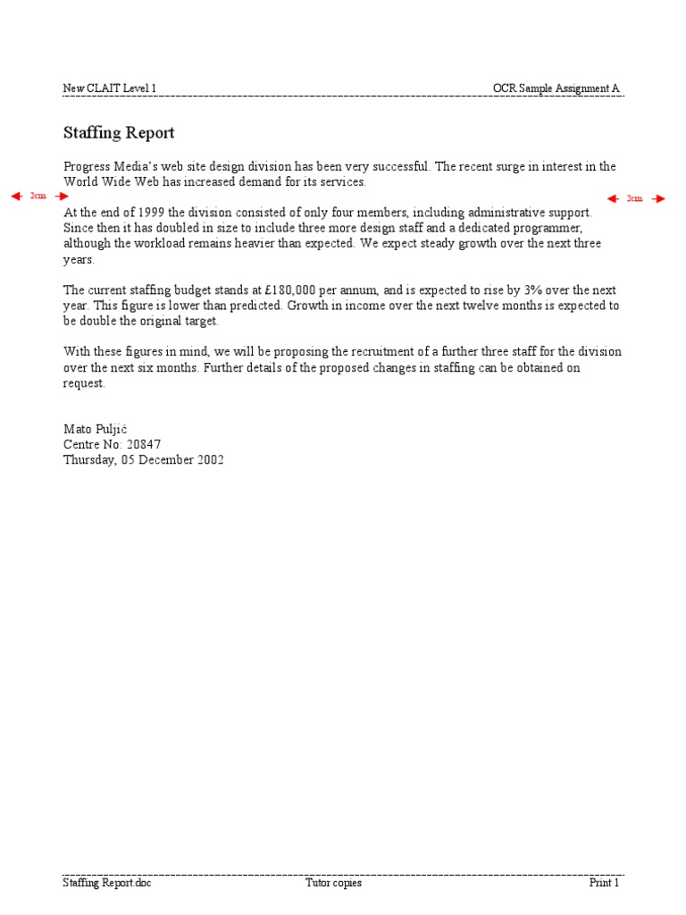 Staffing Report: New CLAIT Level 1 OCR Sample Assignment A | PDF ...