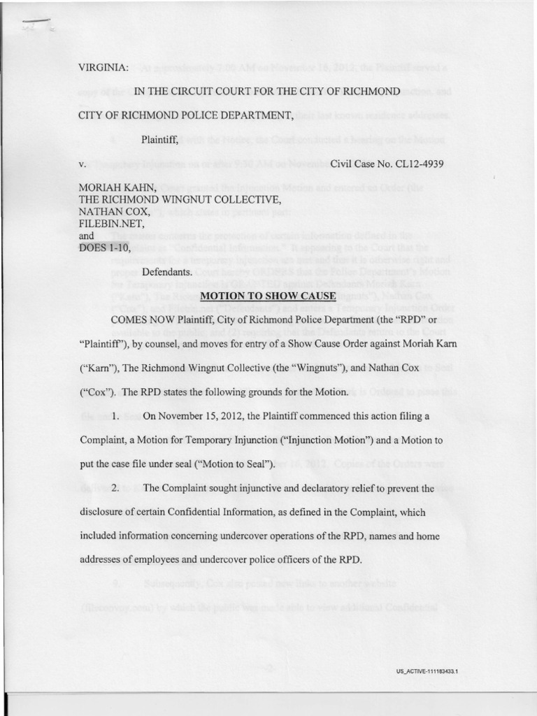 Motion To Show Cause Complaint Virginia Circuit Court