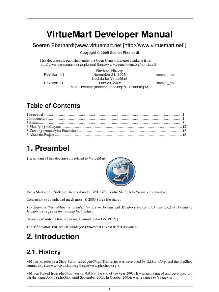 Virtuemart Developer Manual: 1. Preambel | PDF