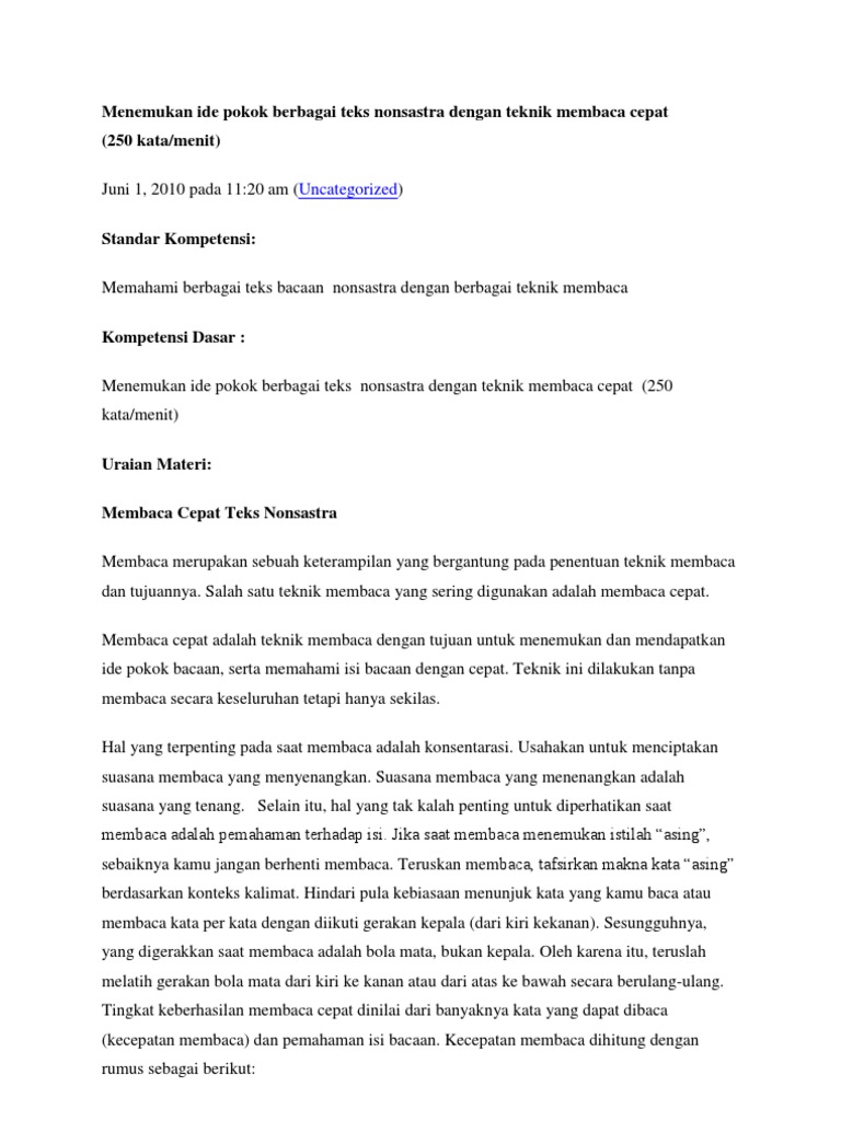 Menemukan Ide Pokok Berbagai Teks Nonsastra Dengan Teknik Membaca Cepat
