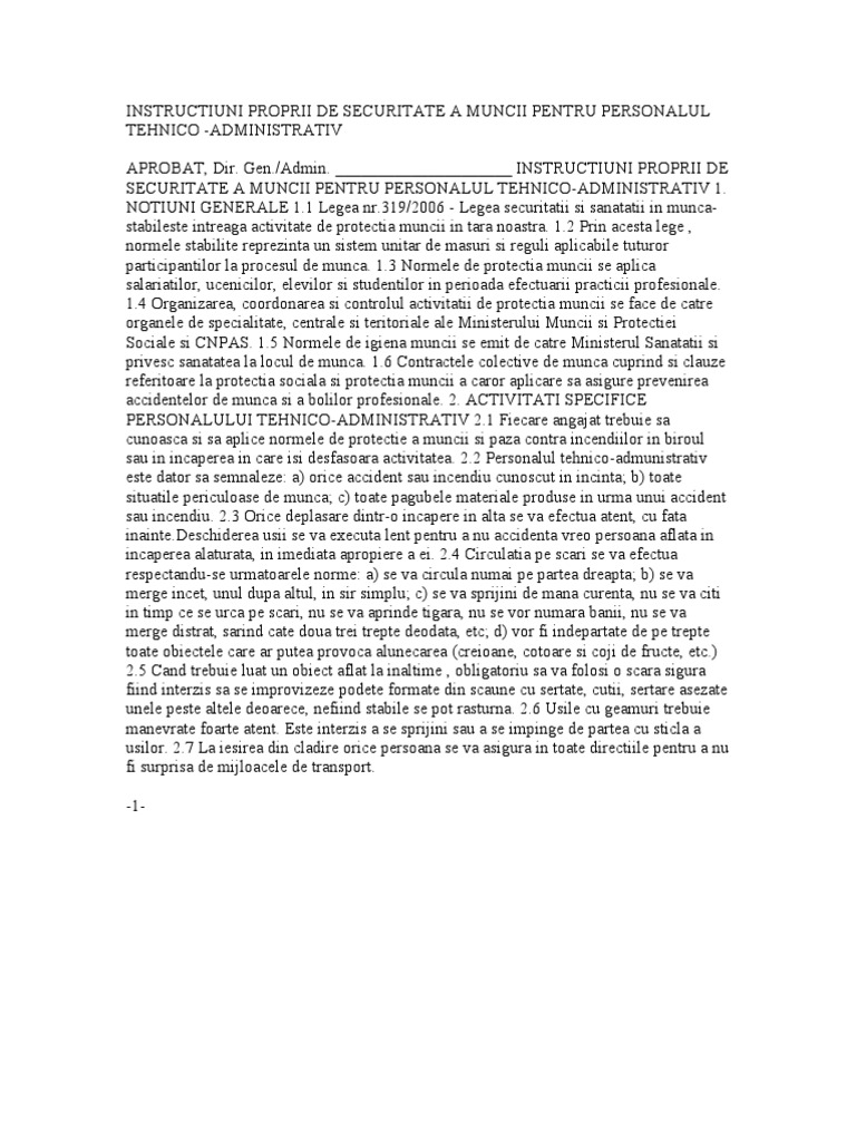 Instructiuni Proprii de Securitate A Muncii Pentru Personalul Tehnico | PDF