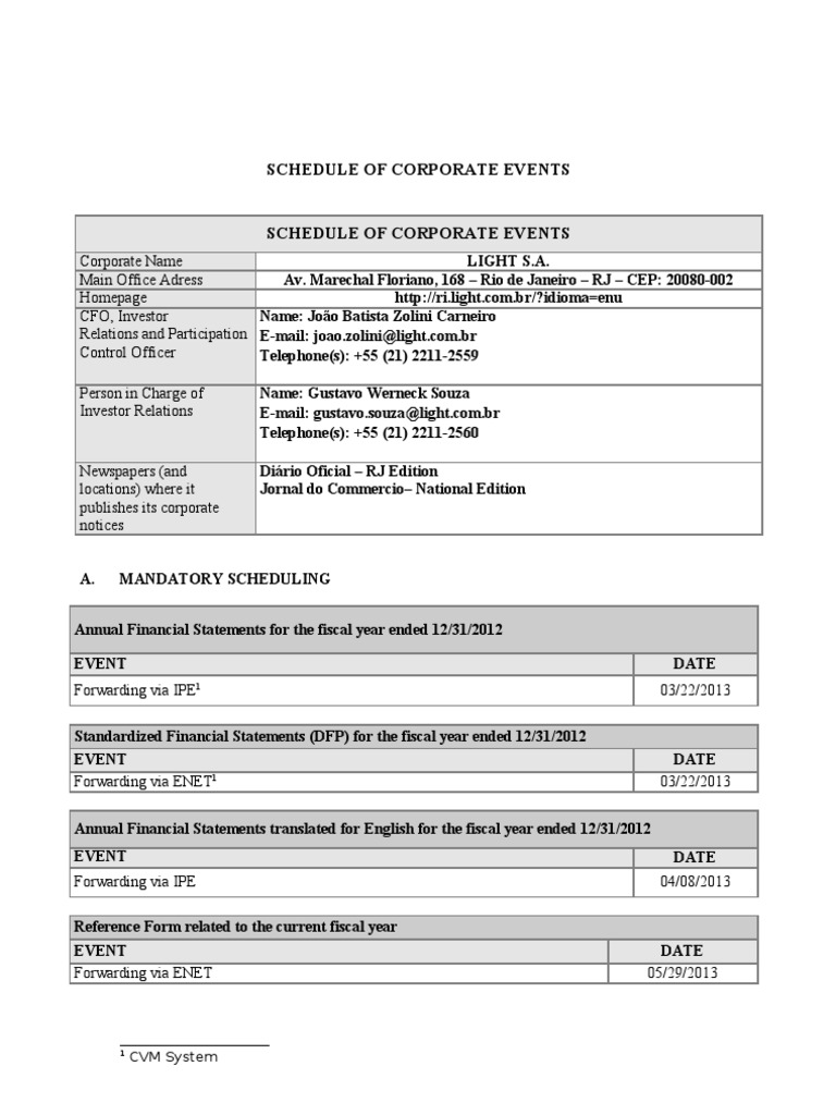 Corporate Events Schedule for Light S.A. | PDF | Corporations | Companies