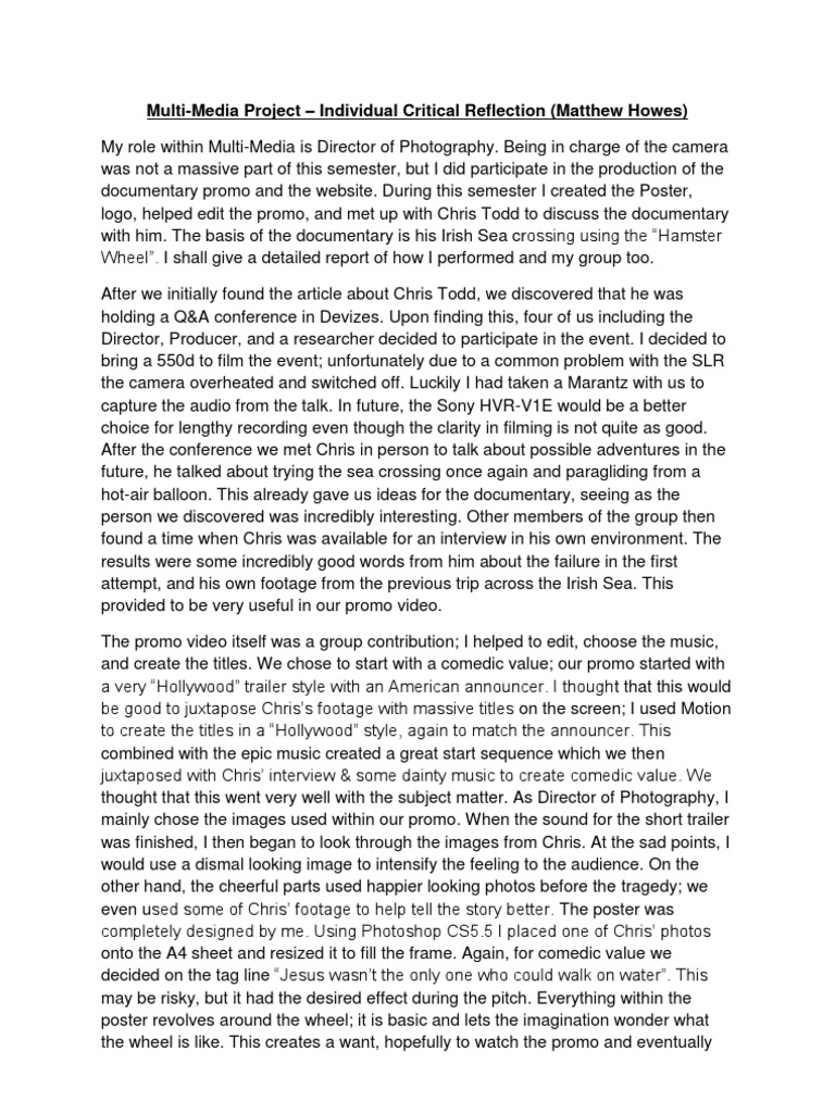 Multi-Media Project Reflection: DOP Insights | PDF | Documentary Film ...