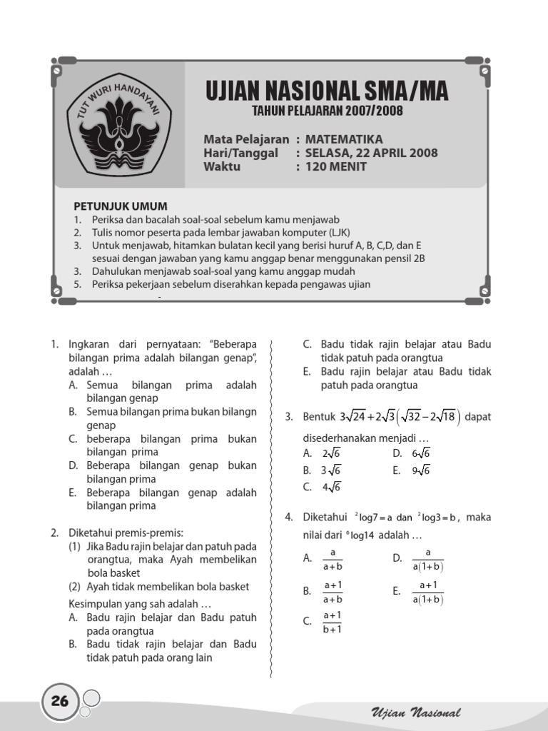 Un Matematika Sma Ipa 2008 Soal Pembahasan