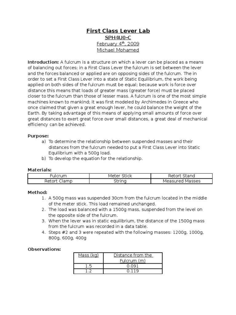 First Class Lever Lab PDF Lever Logarithm