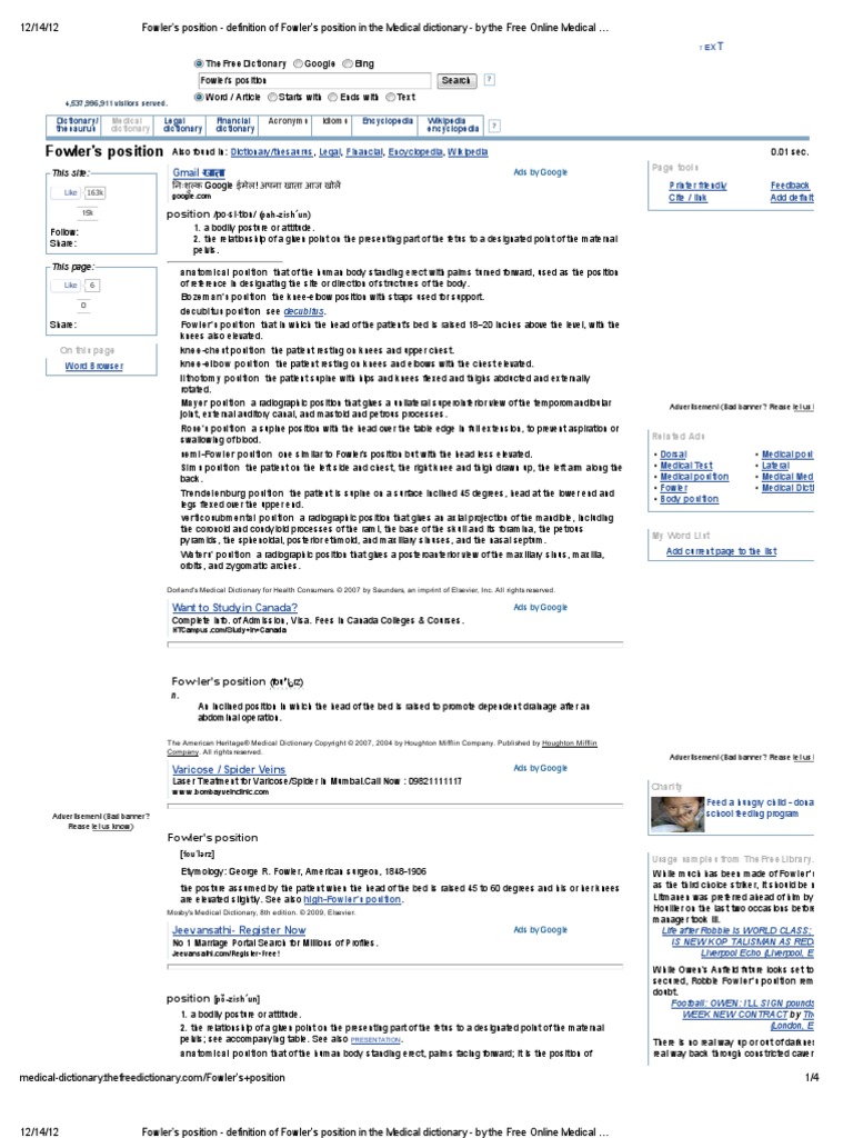 Fowler's Position Definition of Fowler's Position in The Medical