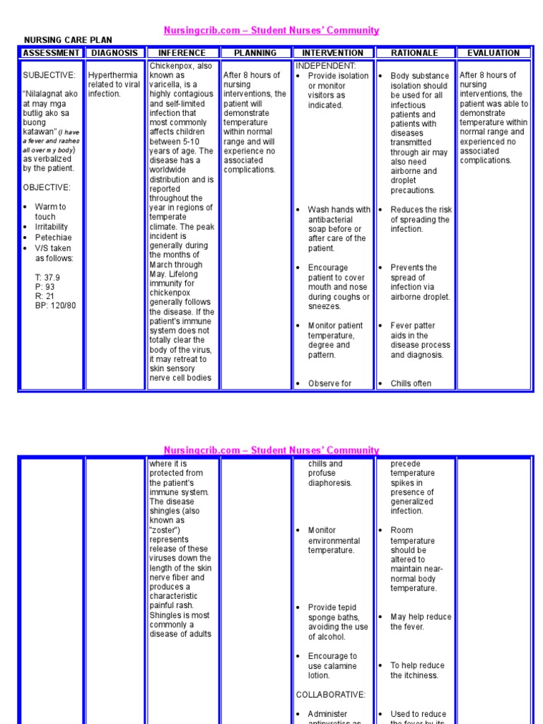 Nursingcrib.com NURSING CARE PLAN Chicken Pox | Animal Diseases | Infection