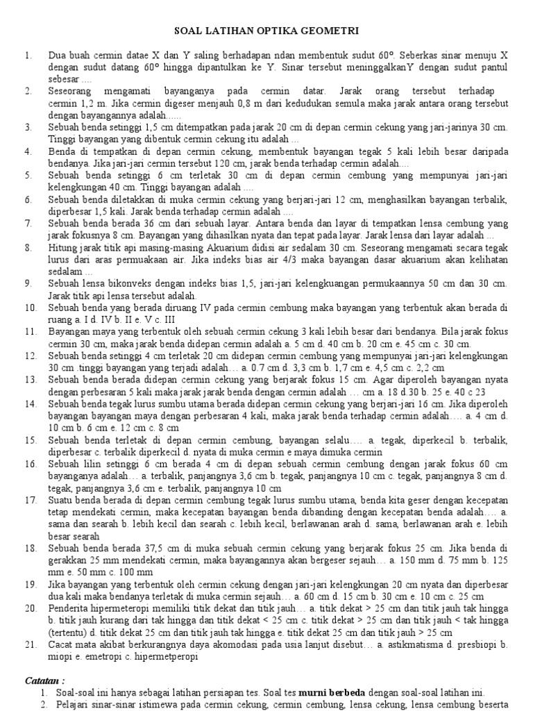 Latihan Soal Soal Optika Geometri