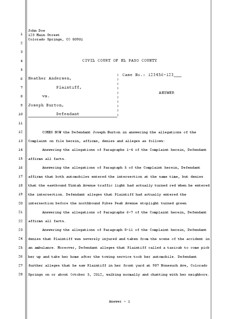 Defendant's Answer in Civil Court Case | PDF | Negligence | Lawsuit