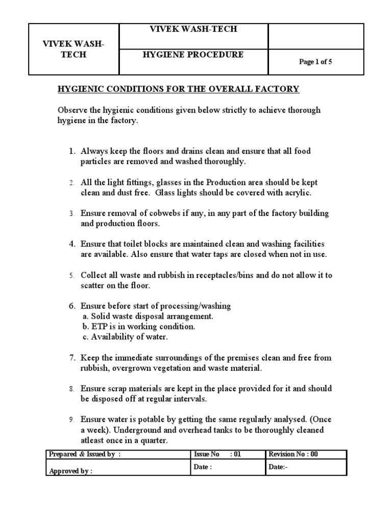 factory hygiene procedure Hygiene Housekeeping