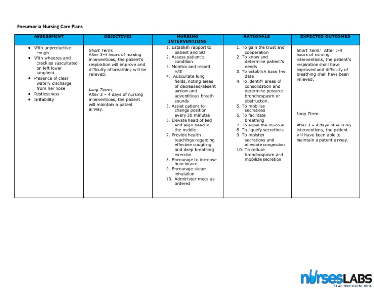 Ineffective Airway Clearance Pneumonia Nursing Care Plan Breathing Respiratory Tract