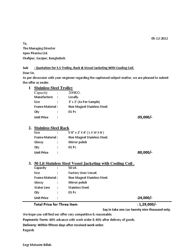 Quotation for Stainless Steel Equipment | PDF