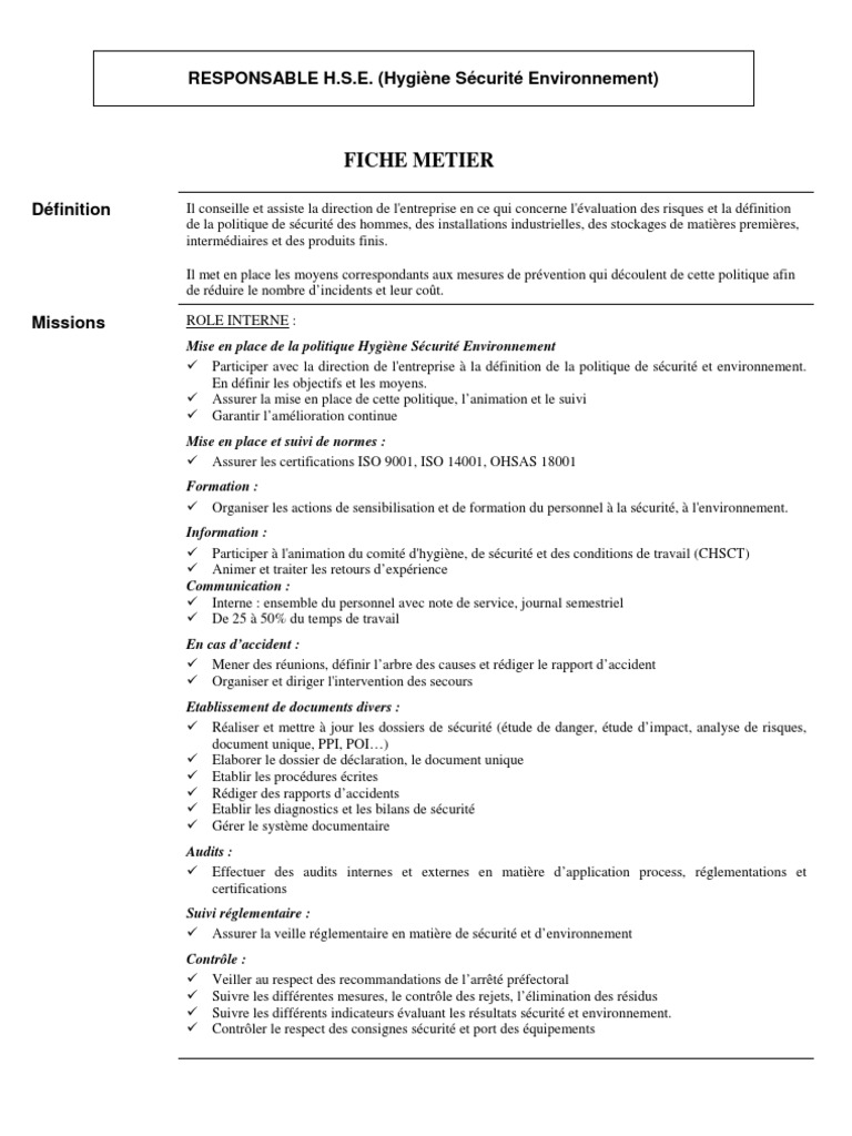 Fiche Poste Hse  Sécurité  Environnement naturel