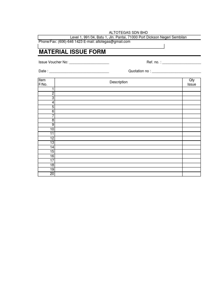 Material Issue Form